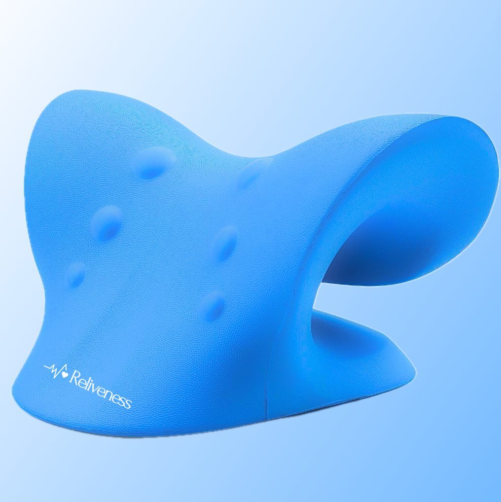 Blue ergonomic neck stretcher by Reliveness, designed for neck pain relief and posture correction. This neck massager features a contoured design with pressure points, ideal for easing tension and discomfort. Best neck stretcher for at-home use.