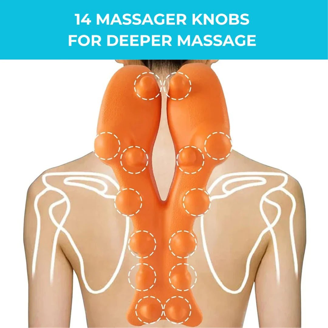 Image showcasing the trigger point massager in action, featuring 14 strategically placed knobs designed for a deeper massage experience. The illustration highlights how the massager targets key muscle areas in the neck and upper back for effective relief from tension and pain.