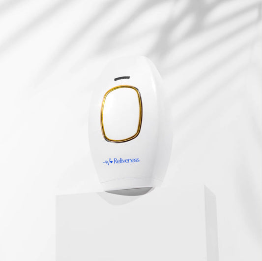 Reliveness™ at-home laser hair removal device displayed on a white stand. This sleek and modern design offers a cost-effective, permanent hair removal solution for men and women, providing smooth, hair-free skin without the need for salon treatments.