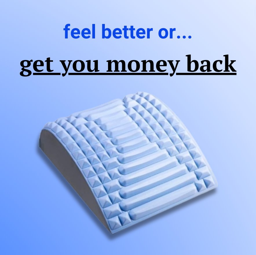 lumbar support pillow, designed for back pain relief and posture correction, displayed with a bold guarantee: 'Feel better or get your money back.' The ergonomic design features gentle massage nodes, making it a versatile orthopedic back stretcher for injury recovery, spinal health, and daily lumbar support.