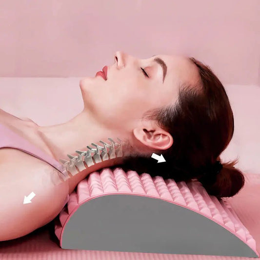 Woman using the lumbar and neck support massager, designed for back and neck pain relief, with ergonomic support to align the spine. The orthopedic back stretcher features massage nodes for improving posture, spinal health, and muscle relaxation, ideal for injury recovery and daily lumbar support.