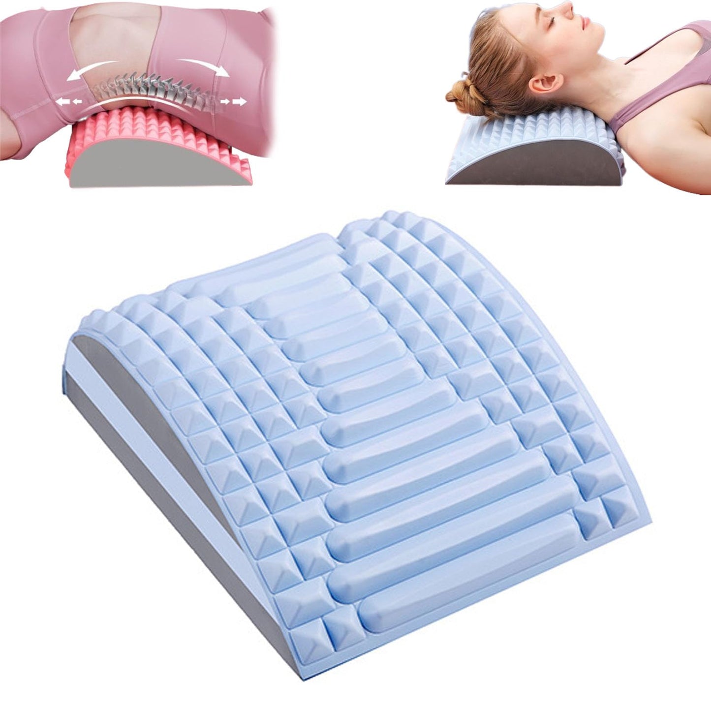 lumbar support pillow with ergonomic design and massage nodes. The image shows how this back stretcher supports the spine for posture correction and back pain relief. Ideal for spinal alignment, muscle relaxation, and daily lumbar support.
