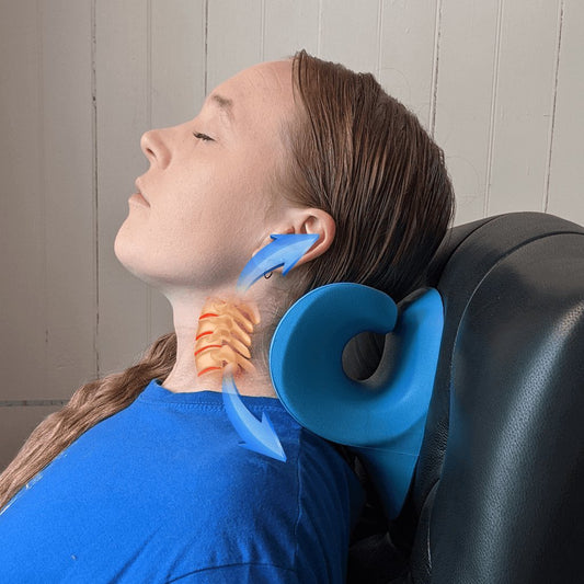 Woman using a blue ergonomic neck stretcher for cervical spine alignment and neck pain relief. This neck massager effectively stretches and supports the neck, making it the best tool for tension relief and improved posture.