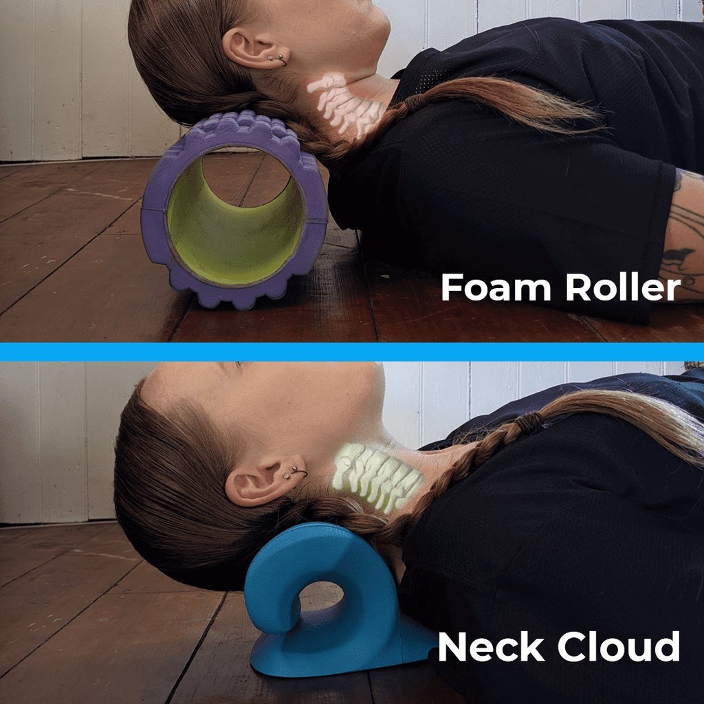 Person comparing a foam roller and Neck Cloud for neck stretching. The Neck Cloud acts as a neck stretcher and massager, ideal for relieving tension and considered one of the best neck massagers.
