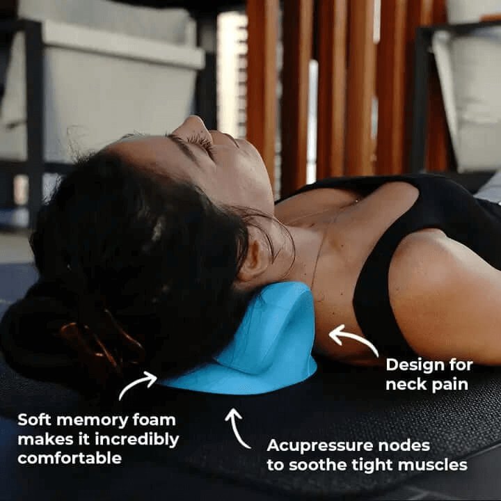 Person using a neck stretcher made from soft memory foam designed to relieve neck pain. The device has acupressure nodes to soothe tight neck muscles, making it one of the best neck massagers for comfort and tension relief.