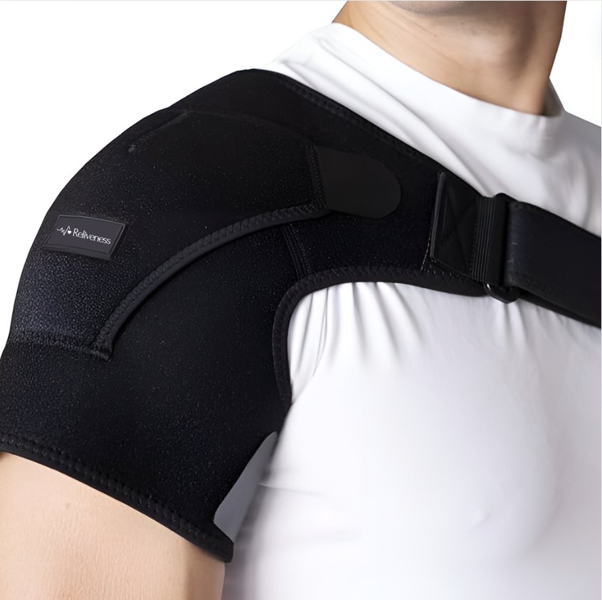 Shoulder brace providing compression and support, ideal for shoulder pain relief, injury recovery, and posture correction. Best shoulder brace for men, offering adjustable fit and enhanced mobility.