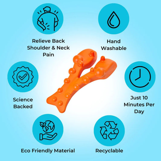 Illustration showcasing the benefits of the orange trigger point massager, including relief for back, shoulder, and neck pain, hand washability, eco-friendly materials, recyclability, and effectiveness in just 10 minutes per day.