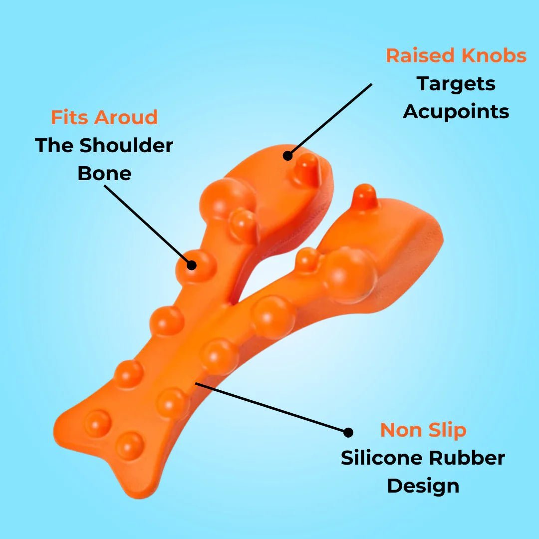 Detailed diagram of the orange trigger point massager highlighting its ergonomic design. Features include raised knobs for acupoint targeting, a non-slip silicone rubber construction, and a shape that contours perfectly around the shoulder bone.
