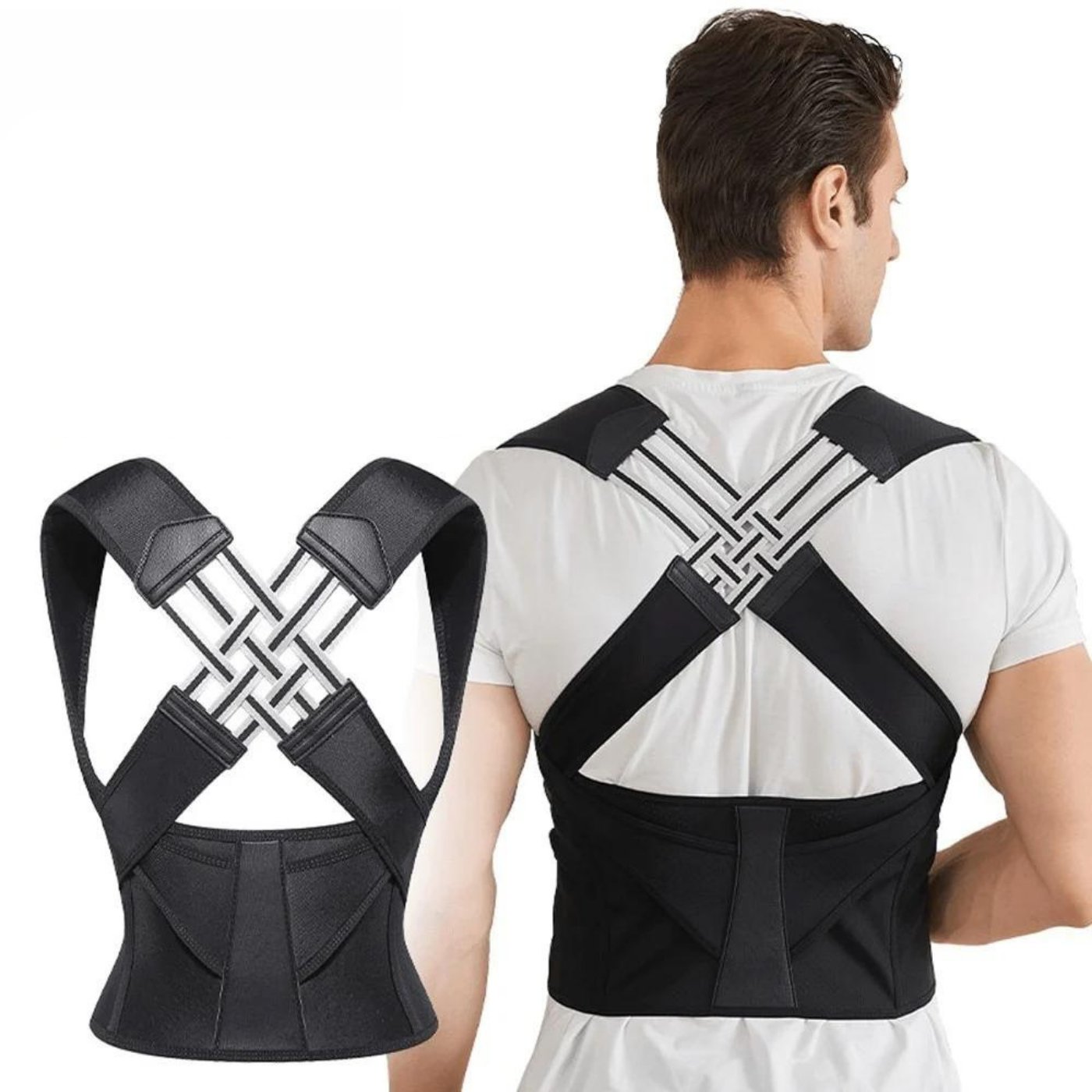 Man wearing a black posture corrector with cross-back design