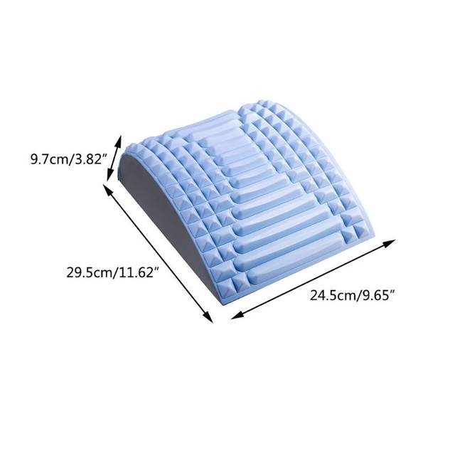 Dimensions of the Reliveness lumbar support pillow, measuring 29.5 cm (11.62 inches) in length, 24.5 cm (9.65 inches) in width, and 9.7 cm (3.82 inches) in height. This orthopedic back stretcher is designed for back pain relief, posture correction, and spinal health improvement.