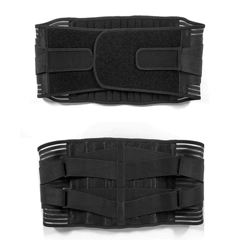 Front and back view of the Lower Back Brace Support Belt, designed to provide adjustable compression and firm support for lower back pain relief. This back brace is ideal for posture correction and is considered the best back brace for lower back pain relief and daily use.