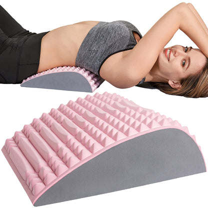 Woman using the lumbar support pillow for back pain relief and posture correction. The orthopedic back stretcher features raised massage nodes to align the spine and relax muscles. The image highlights the ergonomic design, ideal for daily lumbar support and spinal health.