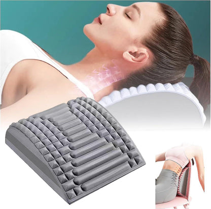 Woman using the Reliveness lumbar and neck support pillow for spine alignment and pain relief. The orthopedic back stretcher features raised nodes to improve posture and relax muscles. The image showcases the pillow's ergonomic design, ideal for back pain relief, posture correction, and spinal health.
