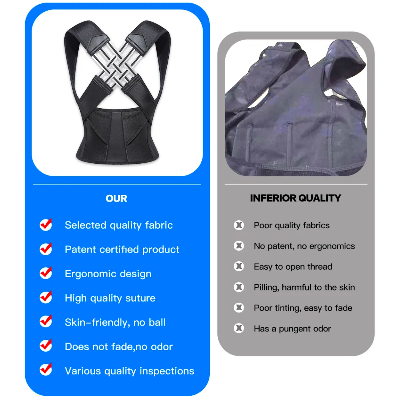Comparison chart highlighting the superior quality of our Reliveness posture corrector versus inferior products. Features include ergonomic design, patent certification, and skin-friendly materials.