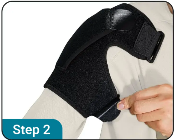 Step 2: Adjusting the shoulder brace on the arm to ensure secure fit and effective compression, highlighting the customizable support features.