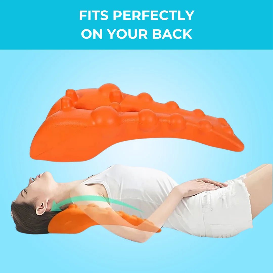 Image demonstrating how the trigger point massager perfectly contours to the shape of your back, providing optimal support and targeting pressure points effectively. The visual shows a user lying comfortably on the massager, emphasizing its ergonomic design for relieving back and neck tension, improves posture 